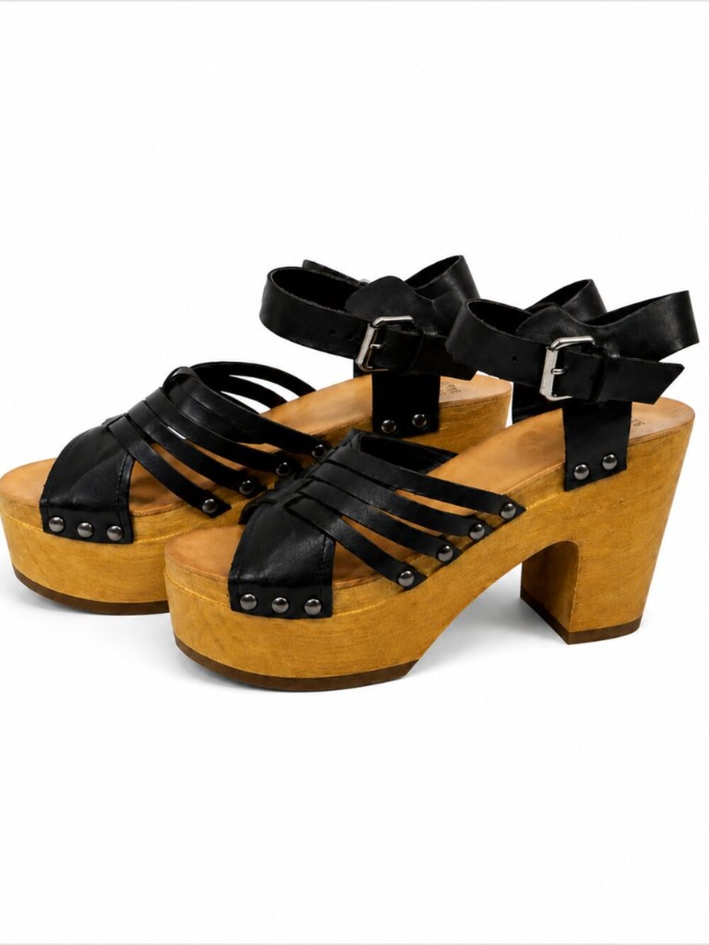 Frye Anthropologie Black Sandals Platform Block Heel Leather Stud Greta Sz 8 NEW